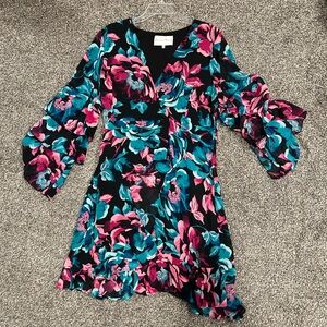 Floral Ruffle Sleeve Dress - Pink, Teal & Black